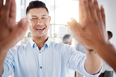 Buy stock photo Businessman, portrait and high five for success, teamwork and celebration of winning goals. Happy worker, achievement and hands for motivation, mission and target of trust, support and office vision