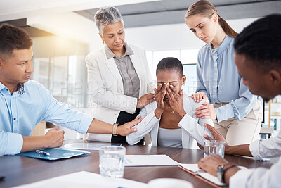 Buy stock photo Cry, sad business woman and team support for African person crying over investment fail, administration mistake or problem. Mental health crisis, depression and hr employee with community group help