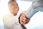 Hand, handshake and partnership for b2b, unity or deal in agreement, meeting or trust at office. People shaking hands in collaboration for support, welcome or promotion in solidarity at workplace