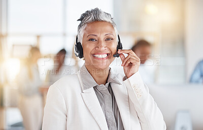 Buy stock photo Customer service consulting, portrait and senior woman telemarketing on contact us CRM or telecom. Call center face, happy ecommerce communication and information technology consultant on microphone