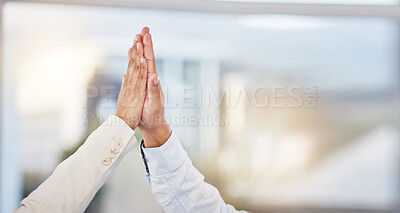 Buy stock photo Hands, high five and team unity for winning, victory or collaboration at the office on mockup. Hand of people touching for meeting success, promotion or teamwork in coordination for win or deal
