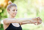 Fitness, pilates stretching and woman in park for healthy lifestyle, cardio warm up and body wellness. Sports, morning and happy girl athlete stretch arms for exercise, training and outdoor workout