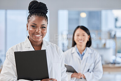Buy stock photo Doctor black woman, checklist and portrait with smile, planning and happy at clinic with asian expert. Medic, teamwork and clipboard for schedule, analysis and results in hospital for health vision