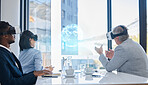 Virtual reality, vr earth hologram and business people  collaboration, augmented reality or ai software. Digital transformation, future metaverse or diversity team planning global networking strategy