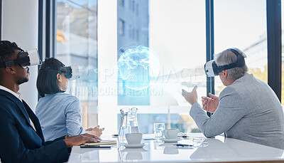 Buy stock photo Virtual reality, vr earth hologram or business meeting  collaboration, augmented reality or ai software. Digital transformation, future metaverse or diversity team planning global networking strategy
