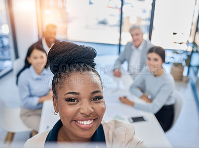 Buy stock photo Selfie portrait, meeting or happy business people planning sales strategy, diversity communication or company startup. Black woman face, group collaboration photo and teamwork on office brainstorming