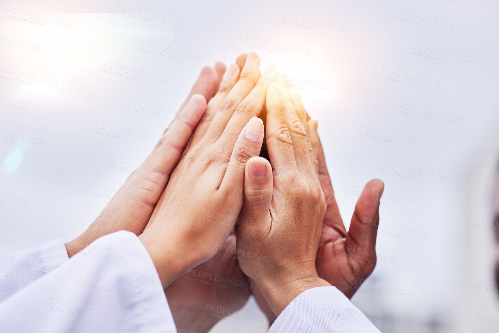 Buy stock photo Mockup, closeup and hands with high five, group and solidarity with flare, sunlight and outdoor. Zoom, teamwork and gesture for collaboration, partnership and support with sunshine, space and target