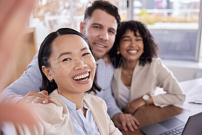 Buy stock photo Selfie, happy and portrait of business people in office planning corporate project in collaboration. Excited, smile and professional team taking picture together while working on report in workplace.
