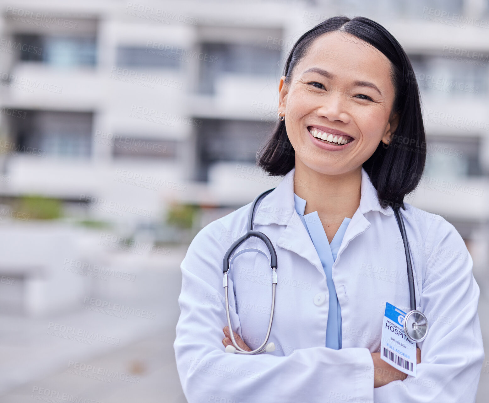 Buy stock photo Leadership, happy and portrait of a doctor by hospital with success after surgery or consultation. Happiness, smile and Asian female healthcare worker with confidence standing outdoor medical clinic.