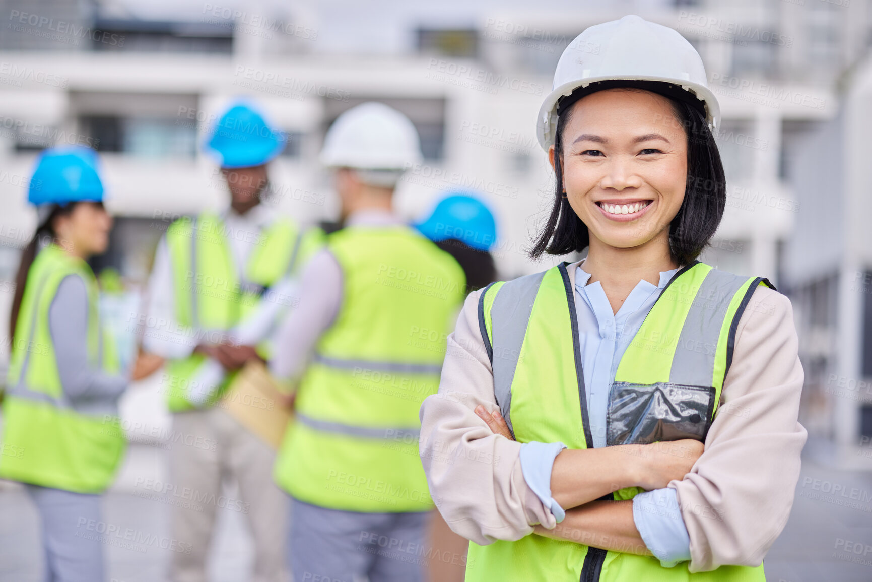 Buy stock photo Portrait, Asian woman arms crossed and engineer outdoor, building and inspector with smile, new project and deadline. Face, female employee and manager with hard hat, vest and construction inspector