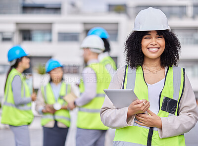 Buy stock photo Leadership smile or happy construction black woman portrait for management or engineering success in construction site. Logistics, leader or engineering manager in safety helmet or vision development