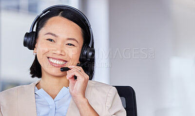 Buy stock photo CRM, customer service or Asian woman and mockup for callcenter support, consulting or networking in office. Manager face, smile or sales advisor on tech for telemarketing, research or contact us help