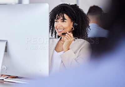 Buy stock photo Callcenter, customer service or black woman on computer for support, consulting or networking in office. Manager, CRM or sales advisor on tech for telemarketing, research or contact us help at desk