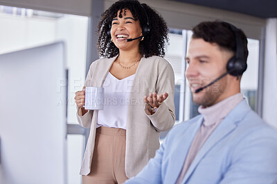 Buy stock photo Teamwork, callcenter or success on computer in office for customer service, contact us support or CRM consulting. Smile, diversity or happy black woman for telemarketing deal, laughing or talking