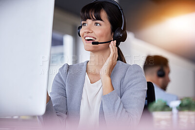 Buy stock photo CRM, smile or woman communication with microphone for customer service, consulting or networking in office. Happy, telemarketing or sales advisor on tech for callcenter, help or telecom contact us