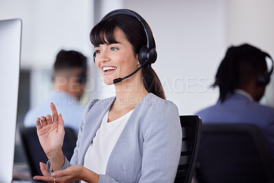 Buy stock photo Telemarketing, smile or woman communication with microphone for customer support, consulting or networking in office. Happy, CRM or sales advisor on tech for callcenter, help or telecom contact us
