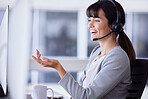 Support, smile or callcenter woman with microphone for customer service, consulting or networking in office. Happy, CRM or sales advisor on tech for telemarketing, success or telecom contact us help