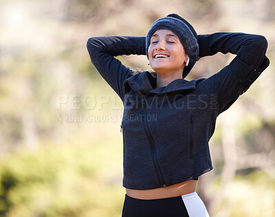 Buy stock photo Hiking, freedom and mockup with a woman in nature, outdoor for a hike in the woods or forest. Fitness, relax and a female hiker enjoying a quiet or peaceful walk outside in the natural wilderness