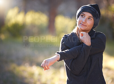 Buy stock photo Hiking, idea and mockup with a woman thinking in nature, outdoor for a hike in the woods or forest. Fitness, warm up and a female hiker getting ready for a walk outside in the natural wilderness