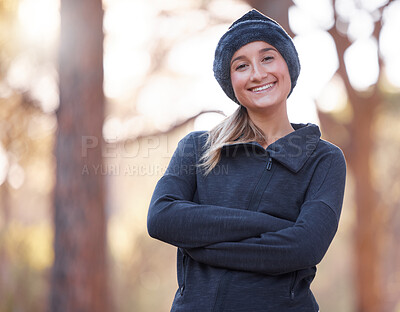 Buy stock photo Portrait, arms crossed and smile of woman hiking outdoors for health and fitness. Winter sports, training and happy, confident and proud female hiker from Canada ready to start exercise in forest.
