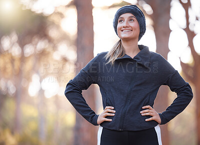 Buy stock photo Happy fitness, woman and thinking on hiking in park, forest and woods for exercise, training and workout. Female hiker smile with happiness, motivation and mindset for wellness goals, freedom or idea