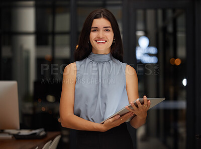 Buy stock photo Happy, night and tablet with portrait of woman in office for search, communication and digital management. Contact, technology and smile with employee for website, networking and social media app