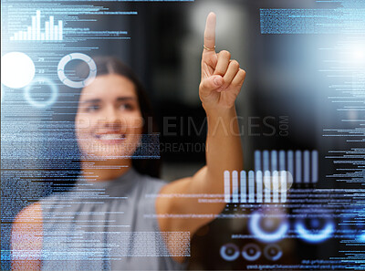 Buy stock photo Woman, touch screen and hologram of data analytics, coding software and programming developer at night. Futuristic, holographic or overlay of future technology or digital person with hand interaction