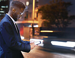 Phone, business and black man in city at night, street or outdoors in town for texting. 5g mockup, technology and male employee with smartphone for social media, internet browsing or web scrolling.