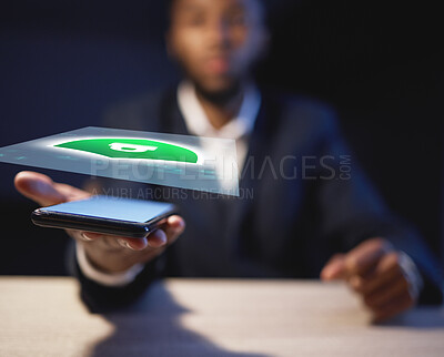 Buy stock photo Phone, hologram and business hands with lock icon for cybersecurity, software safety or digital data protection. Augmented reality of futuristic black man on smartphone, 3d holographic and night code