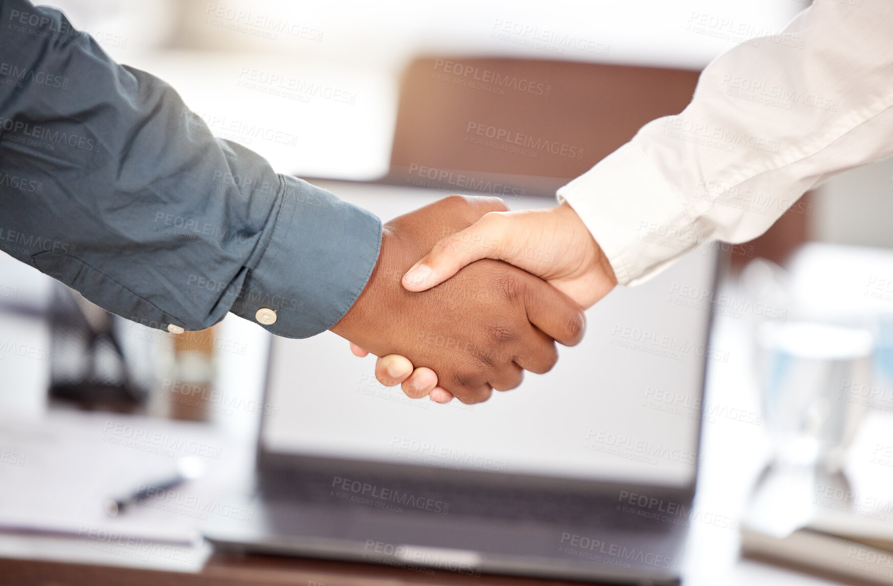 Buy stock photo Hand, handshake and partnership for deal, agreement or greeting in b2b, unity or trust at office. Business people shaking hands in teamwork collaboration, goals or support in solidarity at workplace