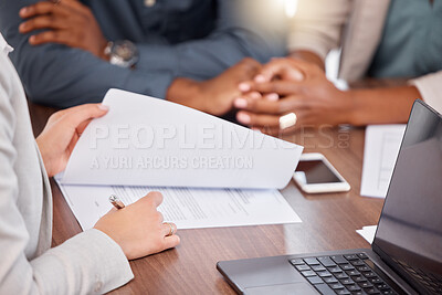 Buy stock photo Black couple holding hands, financial advisor and investment planning with bank documents and contract. Accounting, savings and budget consulting with banking management woman with finance agreement