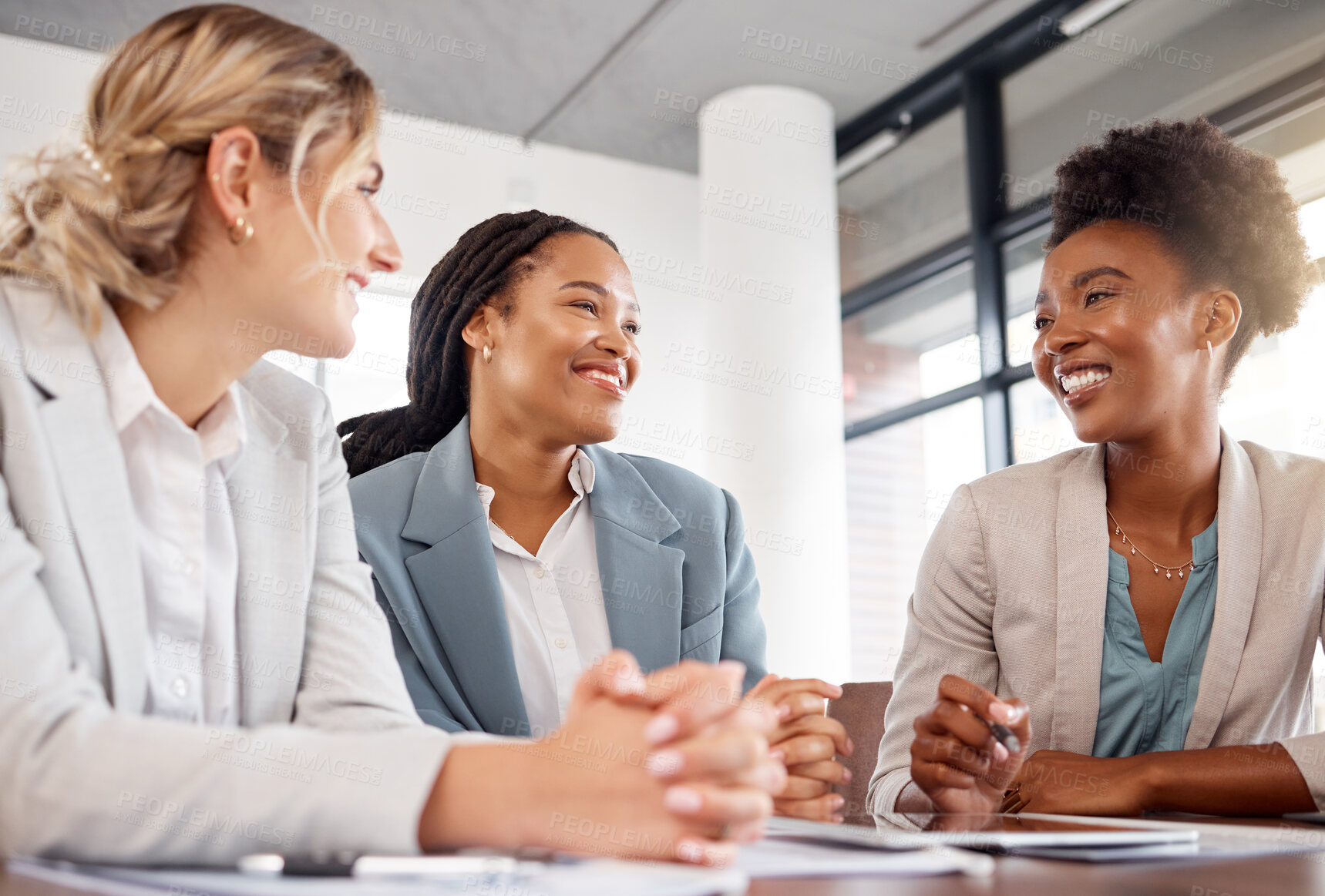 Buy stock photo Business, women and meeting for brainstorming, teamwork and discussion for new project, deadline and schedule. Diversity, female employees and coworkers in workplace, conversation and share ideas
