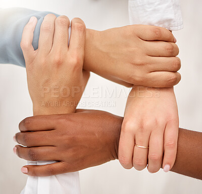 Buy stock photo Unity, business team and holding hands for work community, support and teamwork. Team building, diversity and group collaboration motivation of corporate employees with solidarity and hope together