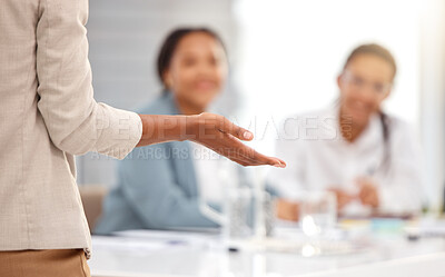 Buy stock photo Meeting, hand and presentation in a boardroom by business person talking and briefing team on company goal. Mockup, office and leader or manager in discussion with colleagues planning at startup