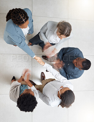 Buy stock photo Handshake, team applause and business people in office with thank you and success of meeting. Onboarding, shaking hands and corporate partnership agreement from above of advertising and b2b deal