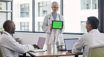 Green screen, tablet presentation and doctors meeting for hospital research, results and software clinic solution. Medical professional, mockup space and senior woman success with stakeholder people