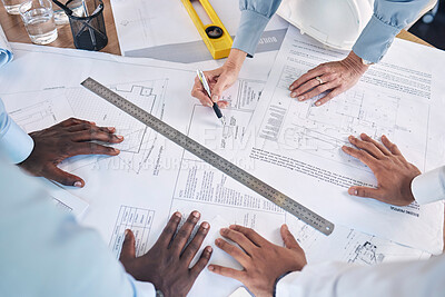 Buy stock photo Ruler, top view and hands with blueprint, team and planning for new project, brainstorming and deadline. Closeup, zoom and architecture for building, equipment and staff with teamwork and share idea