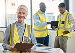 Senior woman, portrait and engineering clipboard for construction data check and project blueprint. Architecture team, building plans and proud elderly industrial employee with staff and smile