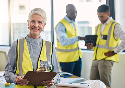 Buy stock photo Senior woman, portrait and engineering clipboard for construction data check and project blueprint. Architecture team, building plans and proud elderly industrial employee with staff and smile