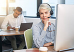 Face of call center woman, telemarketing agent or consultant with technical support, ecommerce focus and solution. Telecom, crm communication and manager, boss or senior person portrait on computer