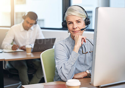 Buy stock photo Face of call center woman, telemarketing agent or consultant with technical support, ecommerce focus and solution. Telecom, crm communication and manager, boss or senior person portrait on computer