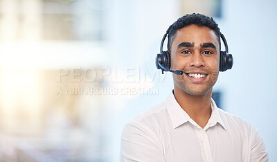 Buy stock photo Call center, mockup and happy with portrait of man for customer support, telemarketing and communications. Consulting, smile and sales with face of consultant for help desk, advisory and crm