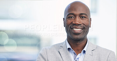 Buy stock photo Confidence, leadership and portrait of black man, startup ceo in mockup and blurred background. Vision, future and proud businessman, leader in growth and development of business in corporate Africa.