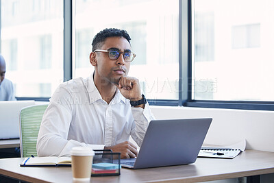 Buy stock photo Thinking, idea and business man with laptop in office for review, writing email and planning schedule. Technology, brainstorming and male entrepreneur on computer for research, report and website