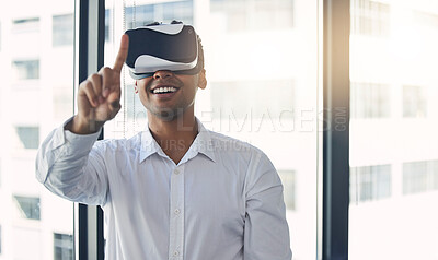 Buy stock photo VR, touching and businessman with a headset for a metaverse, digital planning and 3d innovation. Futuristic, working and employee with glasses for cyber marketing, virtual reality idea and creativity