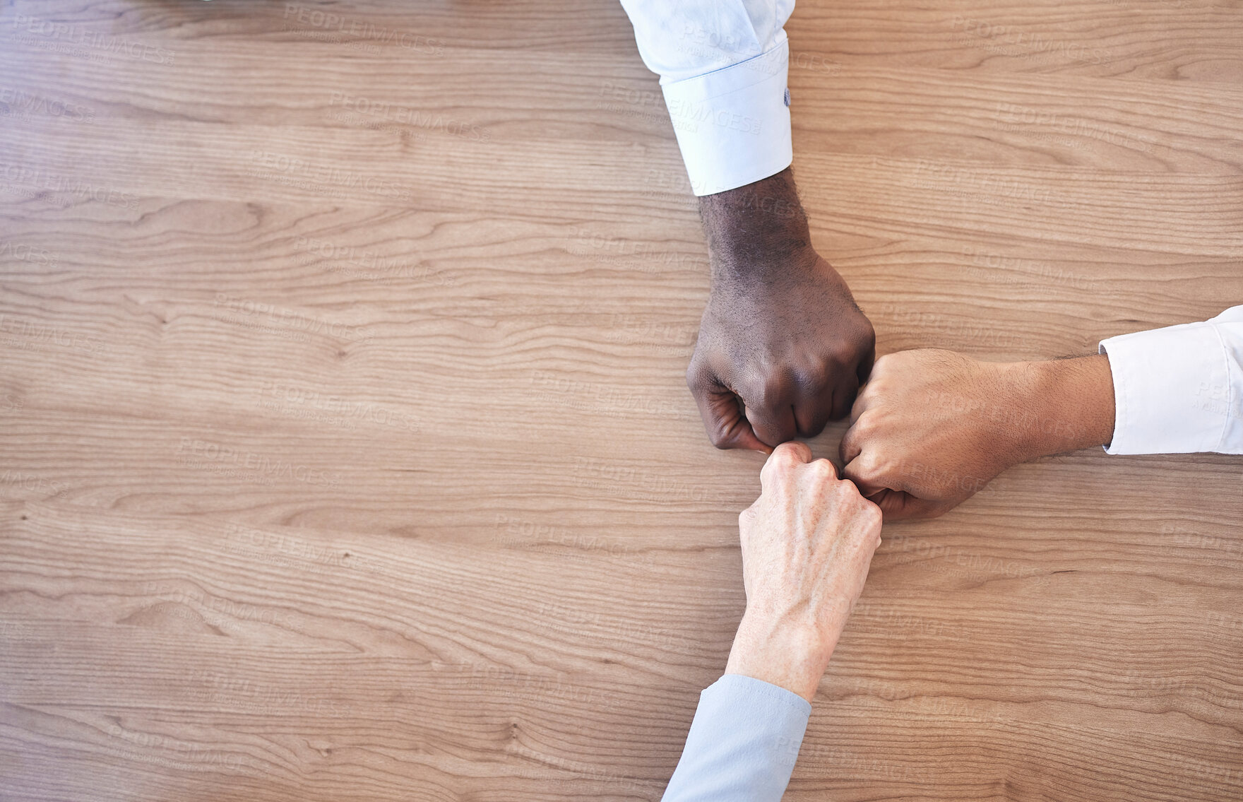 Buy stock photo Fist bump, business people and diversity of staff with company support and collaboration. Teamwork, mockup and team building community of employee group showing solidarity together with mock up
