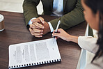 Interview, office and woman signing a document after a corporate job recruitment with human resources. Paperwork, signature and professional female writing on a business company document in workplace