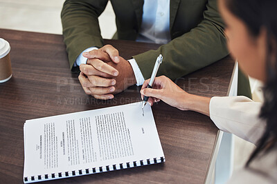 Buy stock photo Interview, office and woman signing a document after a corporate job recruitment with human resources. Paperwork, signature and professional female writing on a business company document in workplace