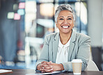 Ready, business and portrait of a woman in corporate for working, success and goals. Smile, happy and mature office employee sitting at a desk to start work in the morning at a legal company