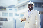 Black man, architect and portrait smile with blueprint for construction, planning or building strategy in the city. African American male contractor smiling with floor plan for architecture on mockup